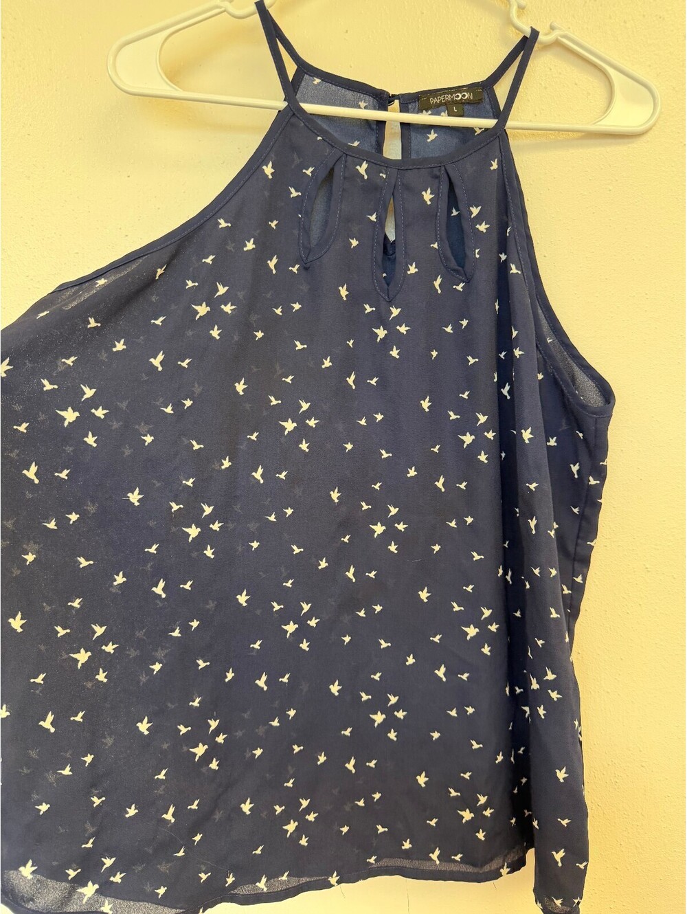 Papermoon Navy Blue Sleeveless Keyhole Top with White Bird Print, Size Large